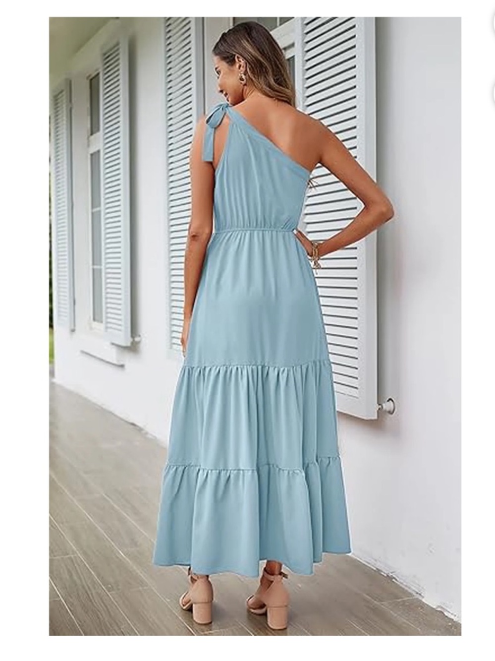 Pretty Garden One-Shoulder Tiered Maxi Boho Dress in Light Blue Medium - Picture 3 of 4